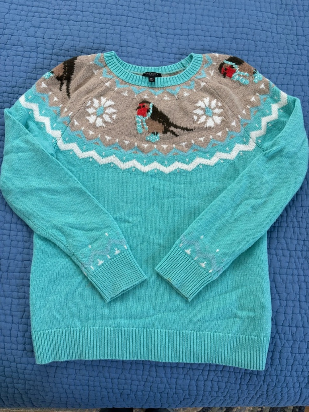 Talbots Turquoise Fair Isle Crewneck Sweater with Bird Motif